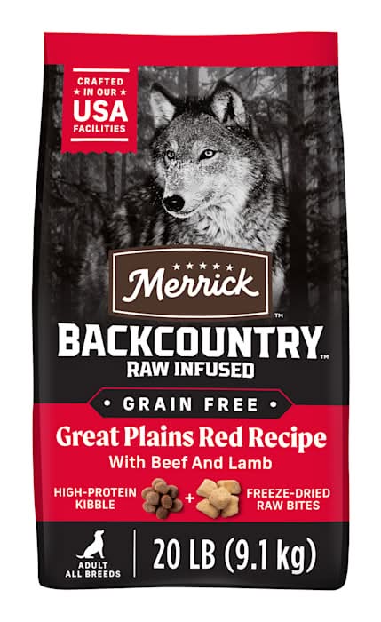 Merrick Backcountry Grain Free Dry Adult Dog Food Kibble with Freeze Dried Raw Pieces, Great Plains Red Recipe, 20 lbs.
