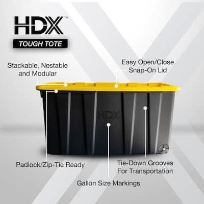 Hdx 77 Gal. Tough Storage Tote With Wheels In Black With Yellow