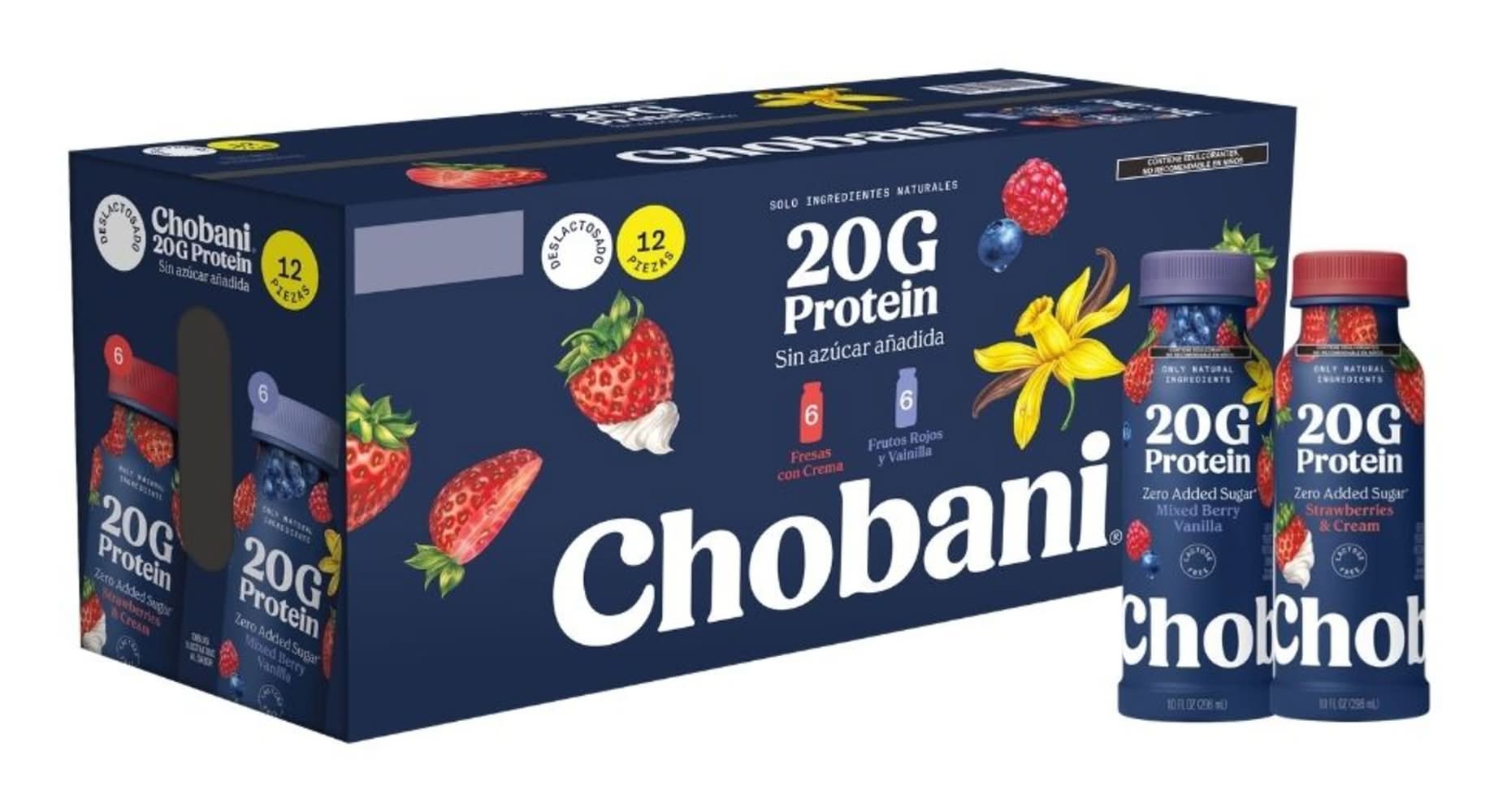 Chobani · Bebida de yogur griego deslactosada con 20g de proteína, fresas con crema-frutos rojos y vainilla (12 x 296 ml)