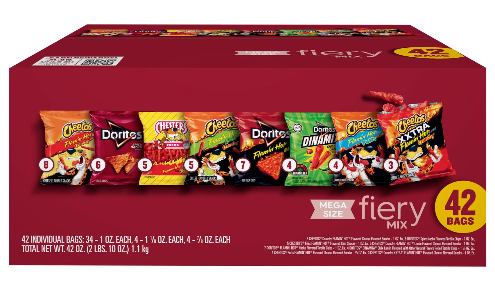 Frito-Lay Mega Size Fiery Snack Mix Variety pack, Assorted (42 oz, 42 ct)