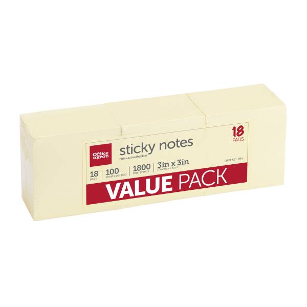 Office Depot Brand Yellow Sticky Notes Pad 3" X 3" Value pack (18 ct)