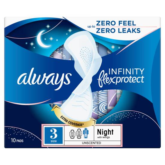 Always size 3, Infinity Flexprotect Night Sanitary Towels Wings Pads (10 pack)