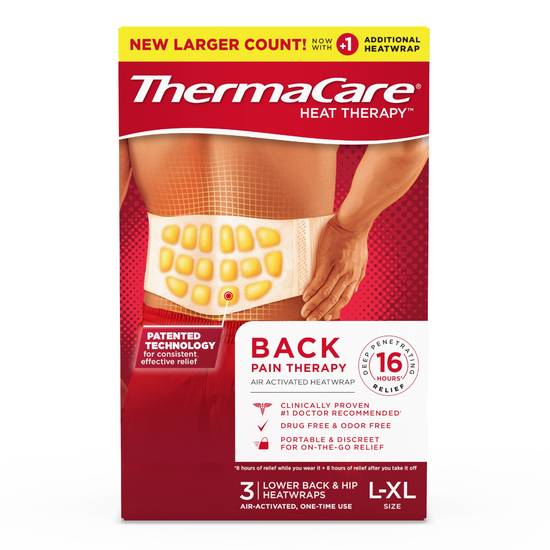 ThermaCare Lower Back & Hip Pain Relief Therapy Heat Wraps, 3 CT, L/XL