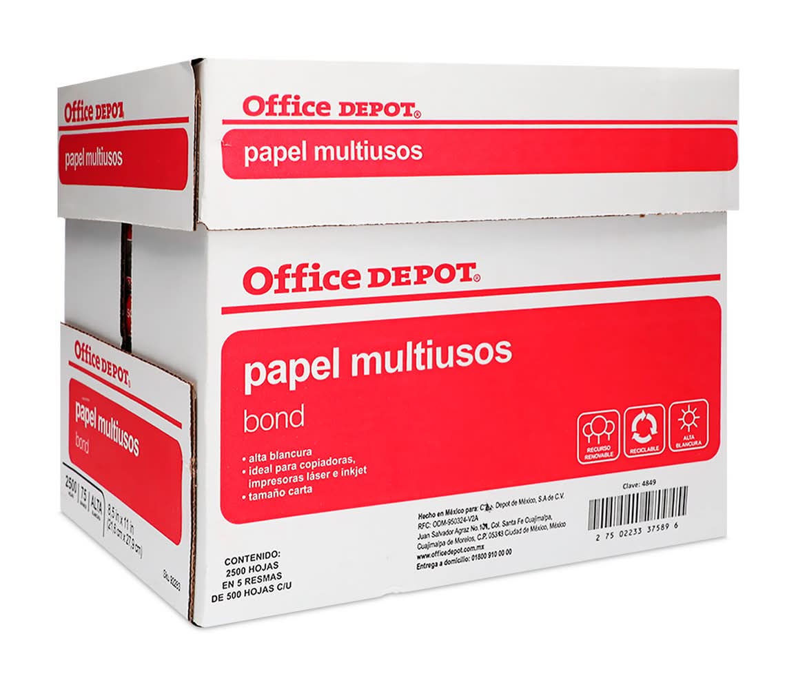 Office Depot · Papel multiusos bond, Carta, blanco (5 x 500 un)