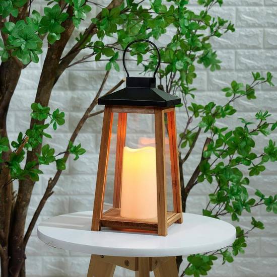 Metal & Wood Lantern with Flickering LED Candle, 6in x 14in