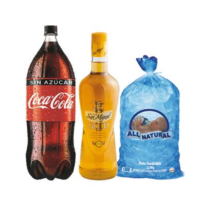 Promo combo ron san miguel + coca cola 2.75 ml + hielo all natural usd$9.99