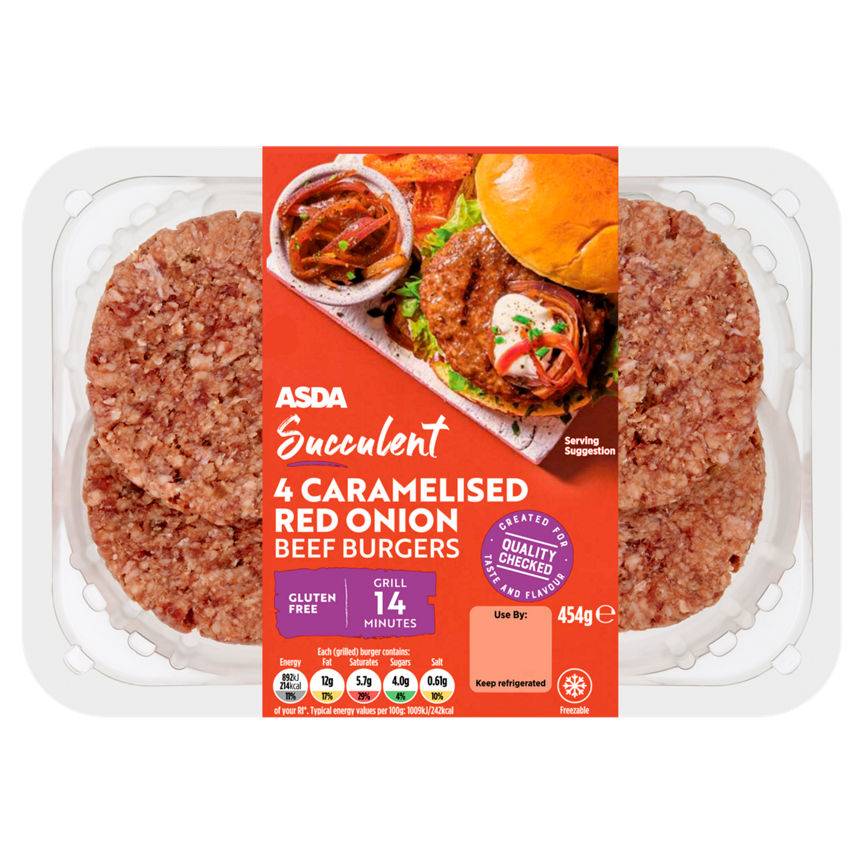 Asda Succulent 4 Caramelised Red Onion Beef Burgers 454g