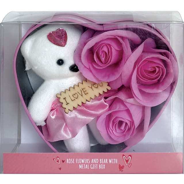 Red & Pink Roses & Bear With Gift Box