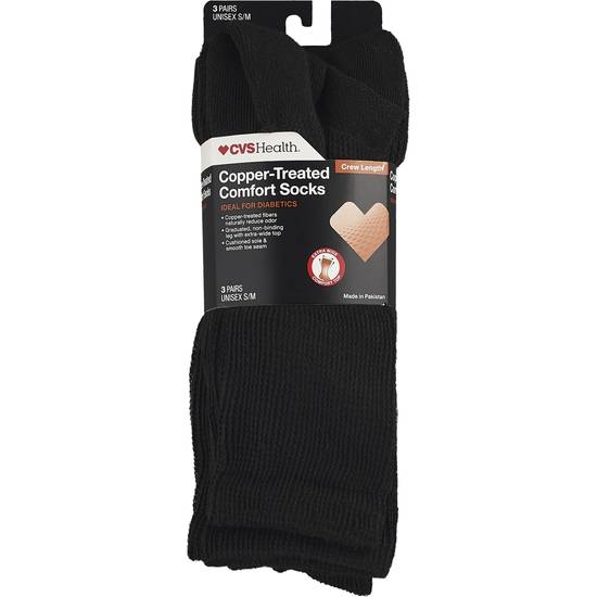 CVS Health Copper-Infused Crew Comfort Socks Unisex, 3 Pairs, S/M, Black