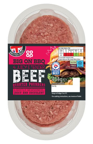 Co-op Gluten Free Juicy & Tender Beef Quarter Pounders (4 pack)