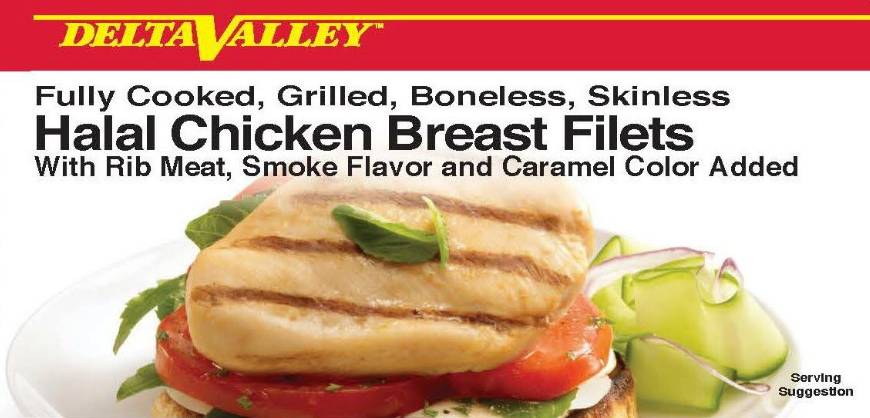 Frozen Delta Valley - Fully Cooked Grilled Halal Chicken Breast Fillets - 10 lbs/40 ct (1 Unit per Case)