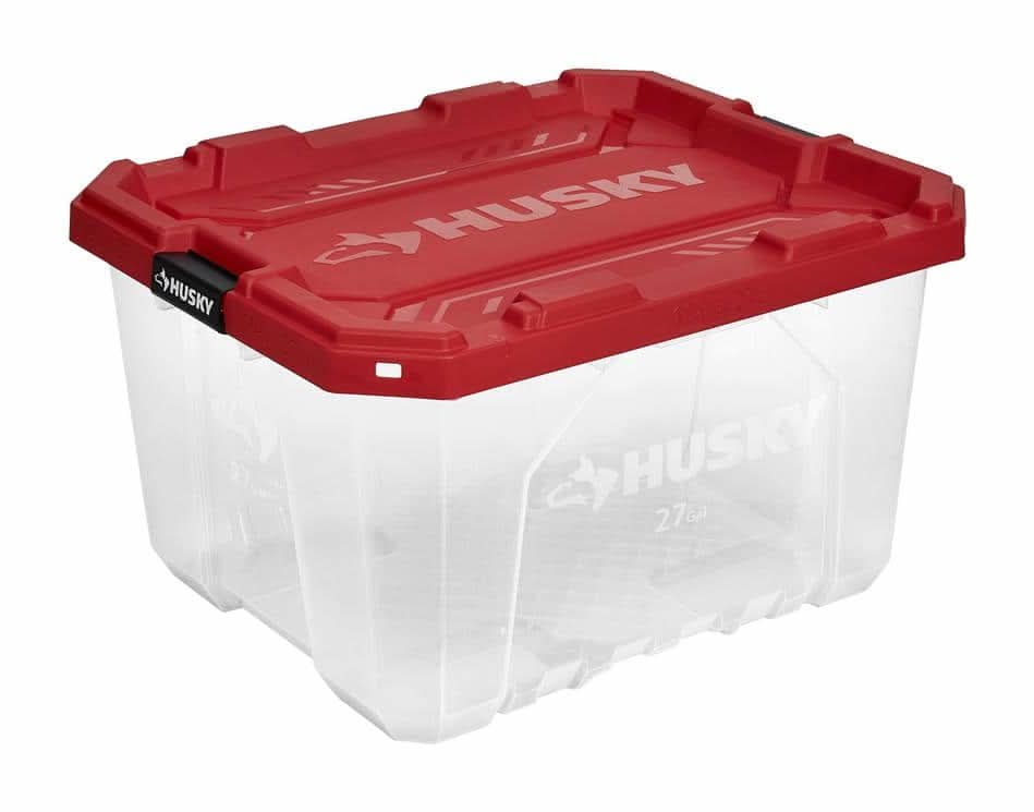 Husky 27 Gal. Pro Grip Storage Tote In Clear With Red Lid