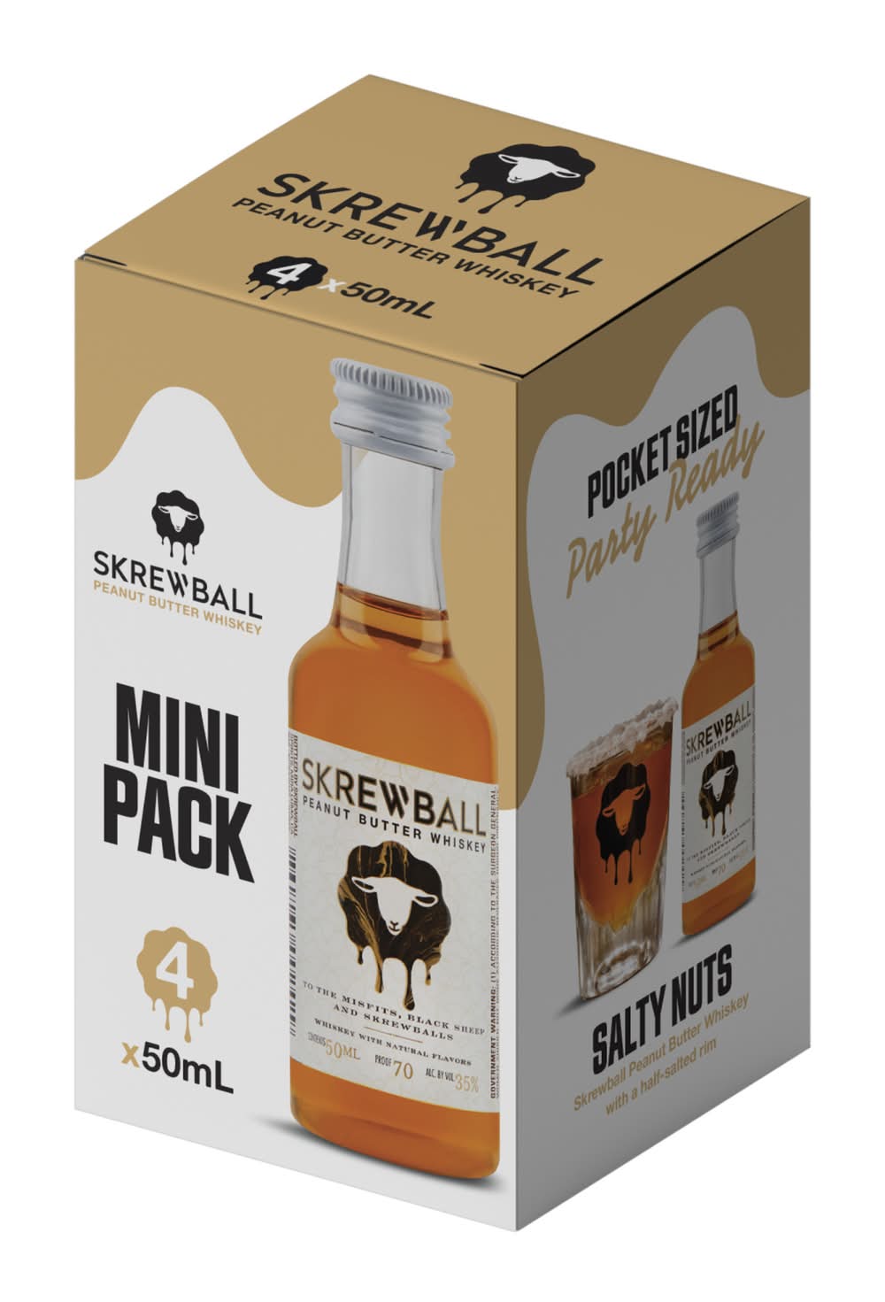 Skrewball Flavored Whiskey 70 Proof, Peanut Butter (4 x 50 ml)