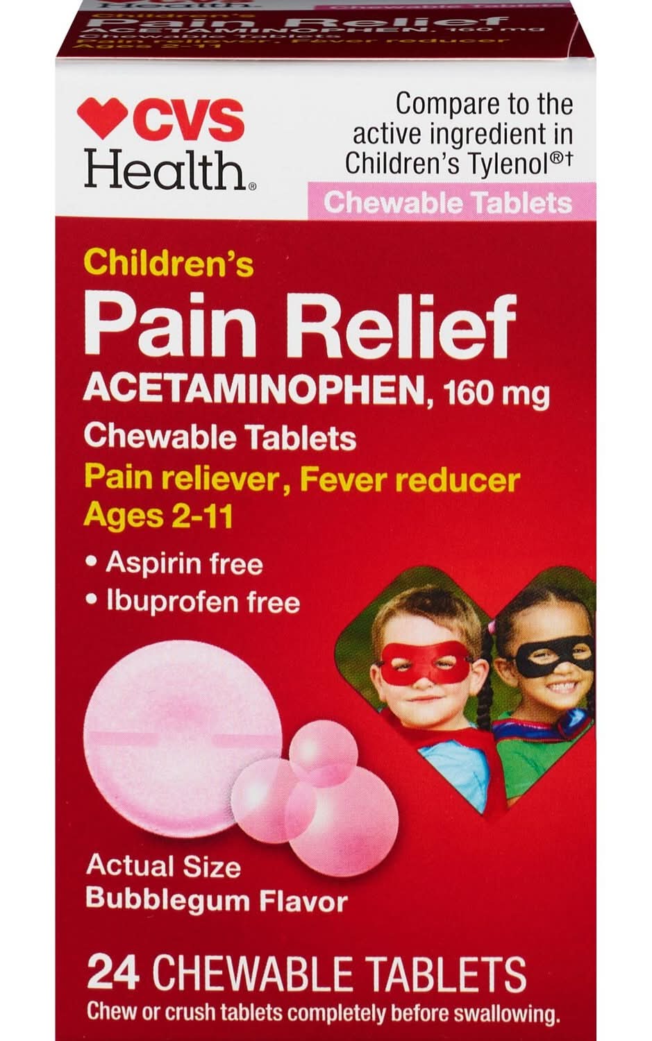 Cvs Children'S Acetaminophen Pain Reliever & Fever Reducer Chewable Tablets, Bubble Gum, 24 Ct