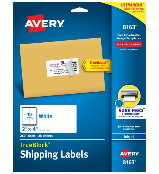 Avery® TrueBlock® Shipping Labels With Sure Feed® Technology, 8163, Rectangle, 2" x 4", Pack Of 250