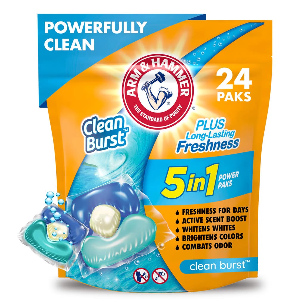 Arm & Hammer 5 In 1 Power Paks Concentrated Clean Burst Laundry Detergent (480 g, 24 ct)