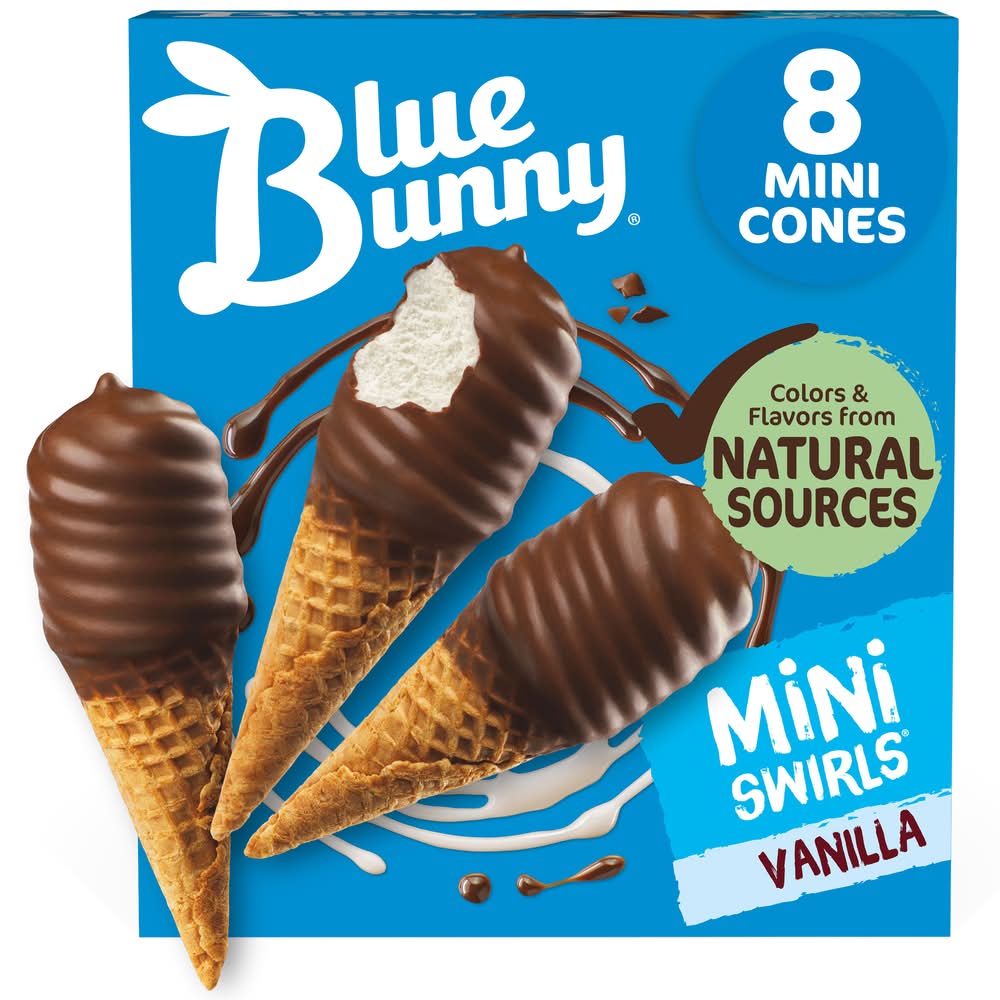 Blue Bunny Mini Swirls Cones Frozen Dessert, Vanilla (18 fl oz, 8 ct)