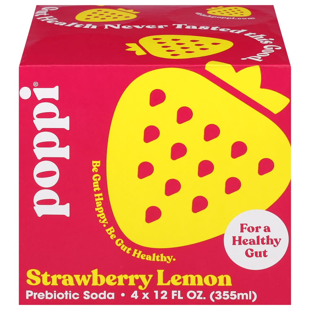 poppi Prebiotic Soda, Strawberry Lemon (4 x 12 fl oz)