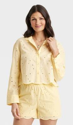 A New Day Eyelet Long Sleeve Button-Down Shirt, Women, XS, Yellow