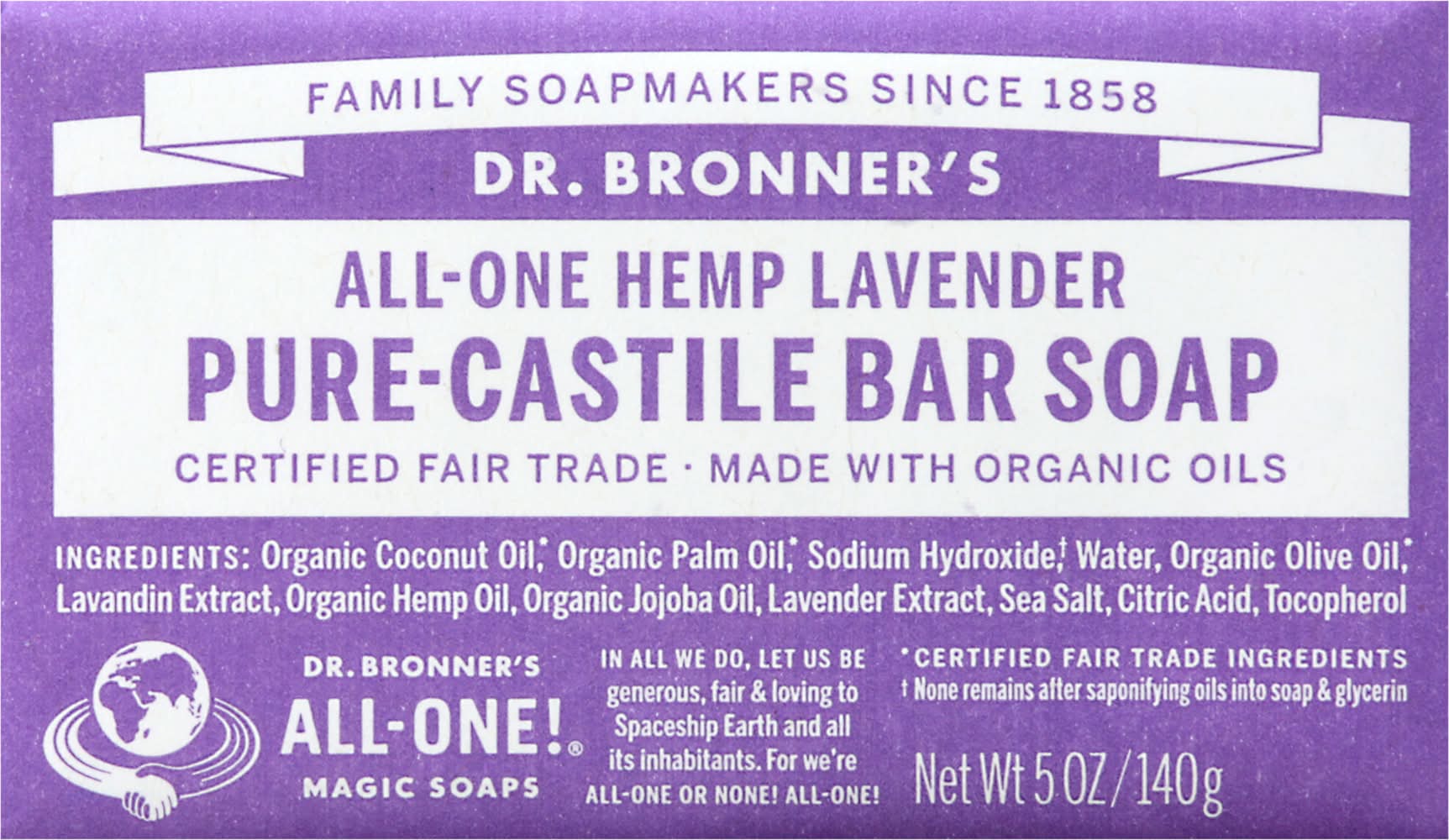 Dr. Bronner's All-One Hemp Pure Castile Magic Bar Soap, Lavender (5 oz)