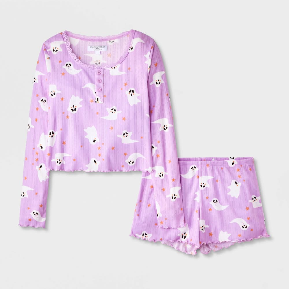 Grayson Threads Kids Halloween Ghost Long Sleeve Pointelle Pajama Set, M, Purple