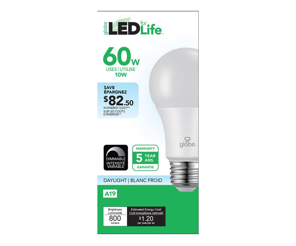 Globe electric globe ampoule del 60w a19 (1 unité, blanc froid) - led bulb 60w a19 (1 unit)