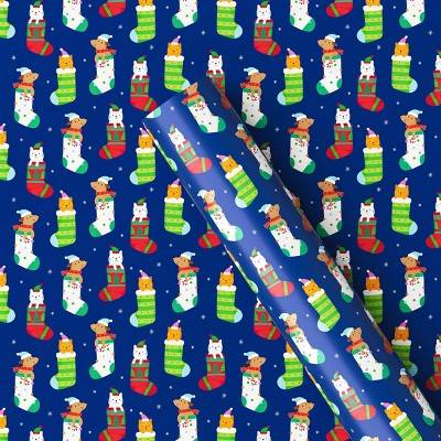 Wondershop Pets in Stockings Christmas Gift Wrap, 50 sq ft, Blue