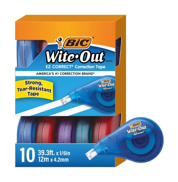 BIC Wite-Out Brand EZ Correct Correction Tape, 3/16" x 471-3/16", White, Pack Of 10 Cartridges
