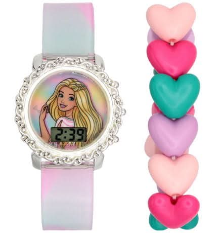 Barbie Kids’ Digital Watch With Rhinestone Bezel & Bonus Heart Bracelet