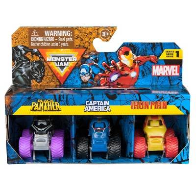 Monster Jam, Marvel Mini Monster Truck 3-Pack, Black Panther, Captain America, Iron Man Die-Cast Monster Trucks