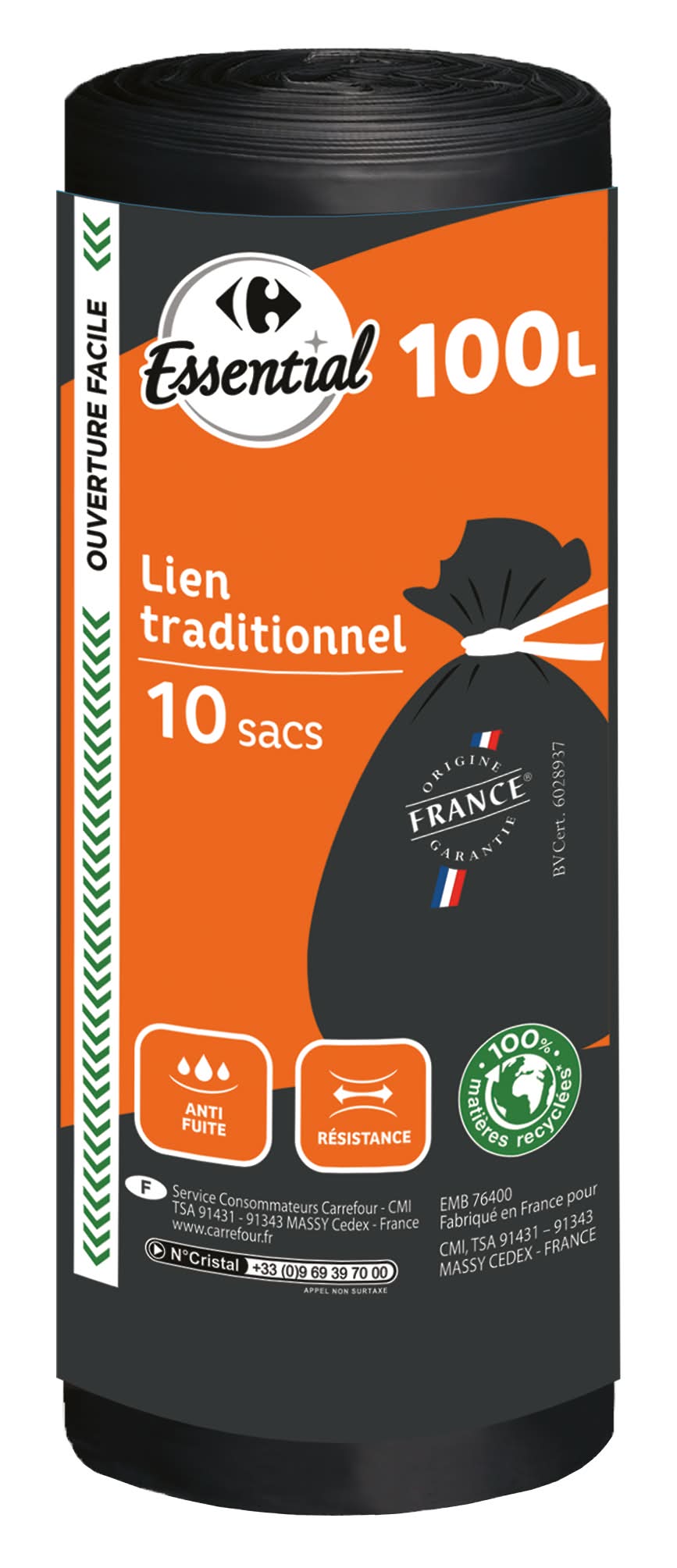 Carrefour Essential - Sac poubelle à lien traditionnel 100 l, 82x95 cm (10)