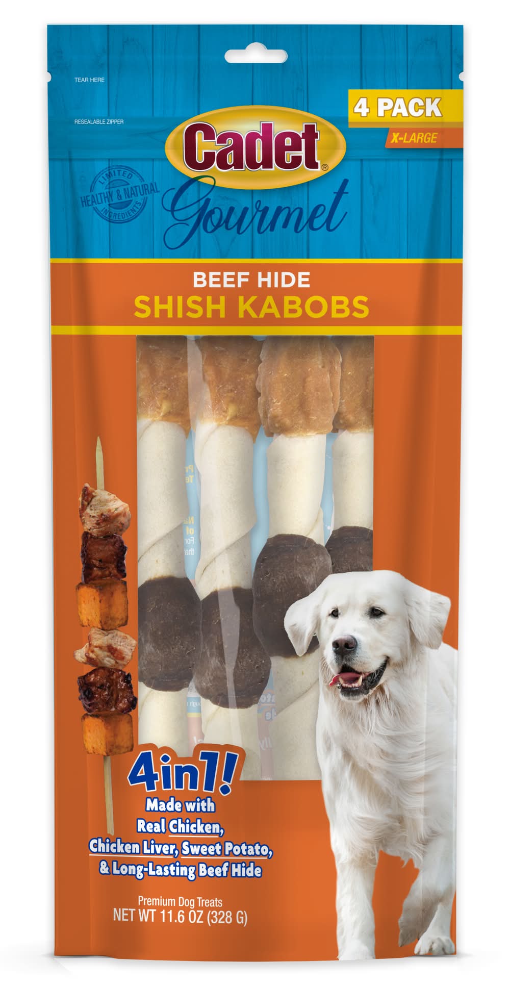 Cadet Premium Gourmet Rawhide Shish Kabobs Dog Treats, Shish Kebab-Chicken-Sweet Potato, X-Large (11.6 oz, 4 ct)