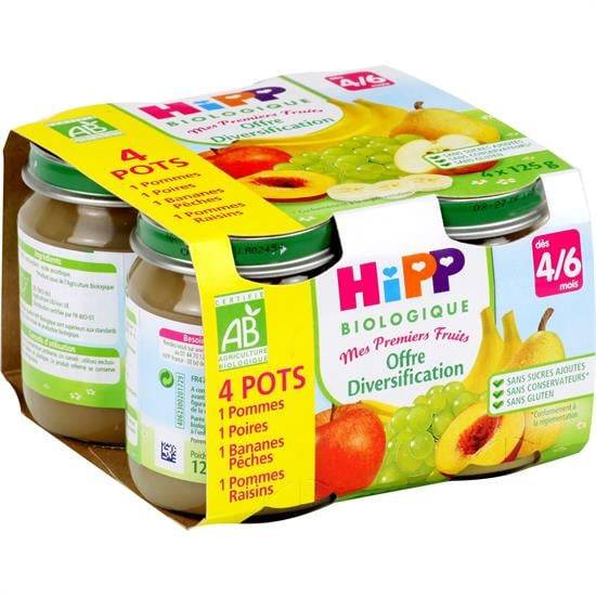 Compote bébé dès 4/6 mois Offre diversification Pom/ Poir/ Ban Pêch/ Pom Rais Bio HIPP BIOLOGIQUE - Les 4 pots de 125 g