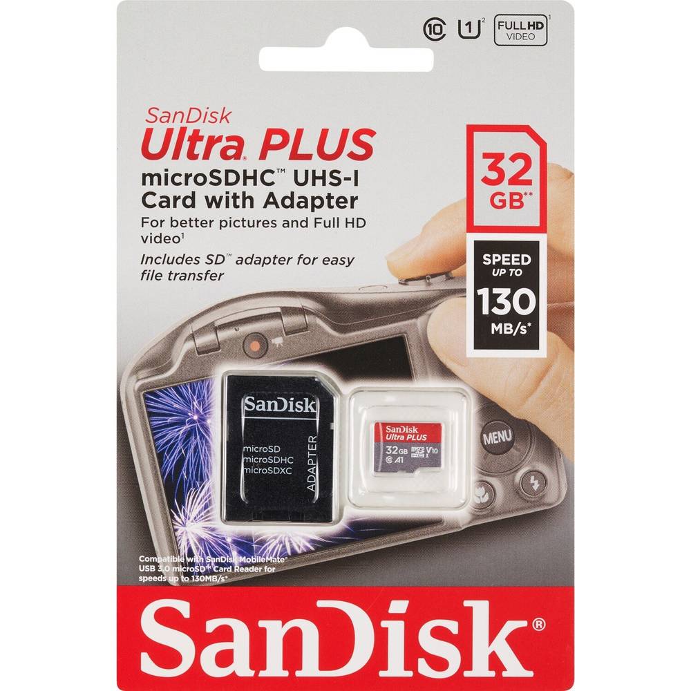 Sandisk 32Gb Ultra Plus Microsdhc Uhs-I Card With Adapter