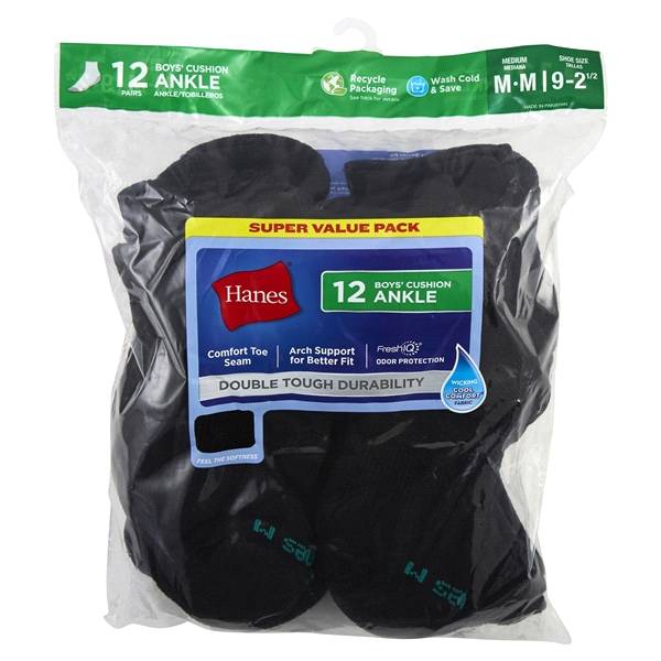 Hanes Boys' Ankle Cushion Socks, Black, 12 Pairs, Size Medium