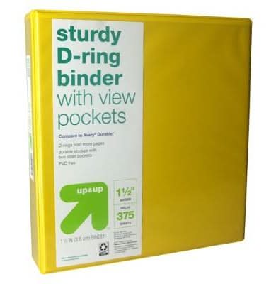 up&up Sturdy D-Ring 1.5" 3 Binder With View Pockets, Yellow