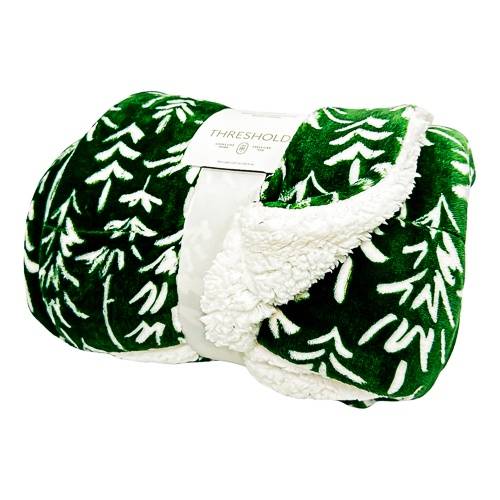 Trees Printed Plush with Faux Shearling Reverse Throw Blanket Green/White - Threshold™
