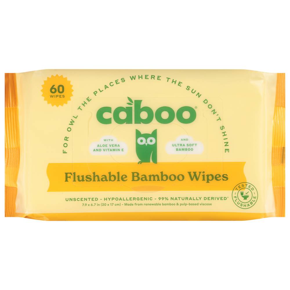 Caboo Flushable Hypoallergic Unscented Bamboo Wipes, 7.9x6.7 in (60 ct)
