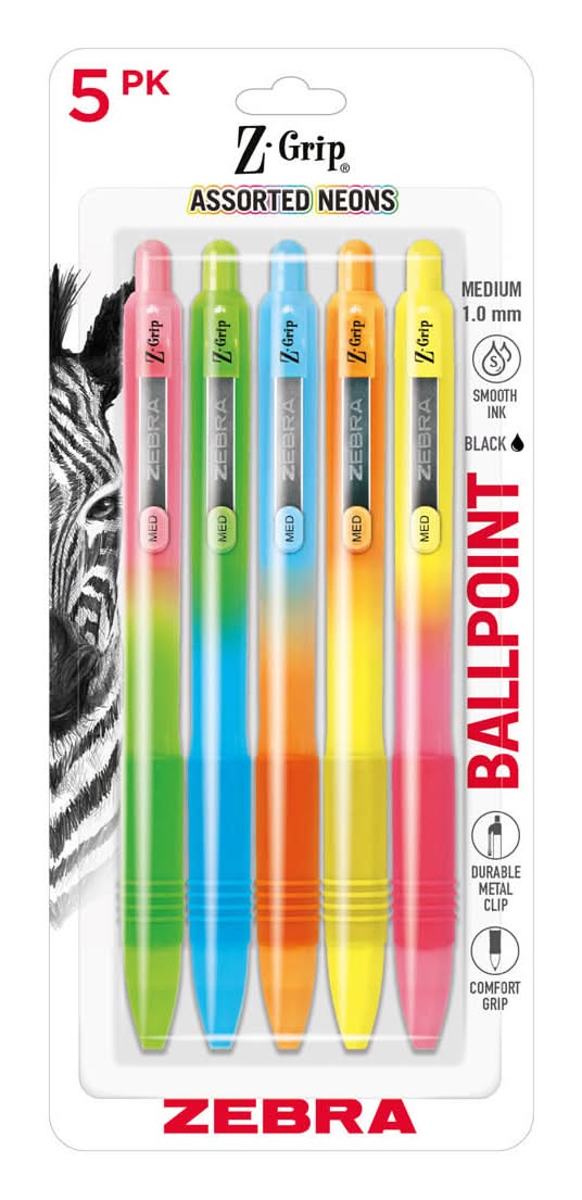 Zebra Z-Grip Assorted Neon Ballpoint Pens Medium Point 1.0 Mm Black Ink 5 Pk