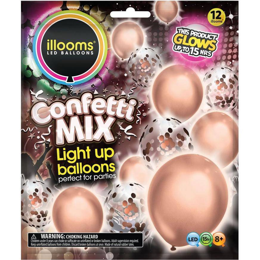 Uninflated 12ct, 12in, Illooms Light-Up Rose Gold Confetti LED Balloons