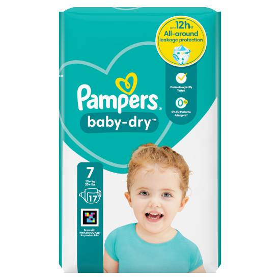 Pampers Baby-Dry Size 7, 17 Nappies, 15kg+, Carry pack