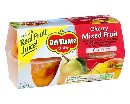 Del Monte · Cherry Mixed Fruit in Lightly Sweetened Juice & Water (4 x 4 oz)
