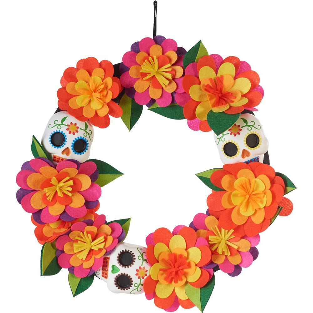 Spooky Village Fabric Wreath with Skulls and Flowers