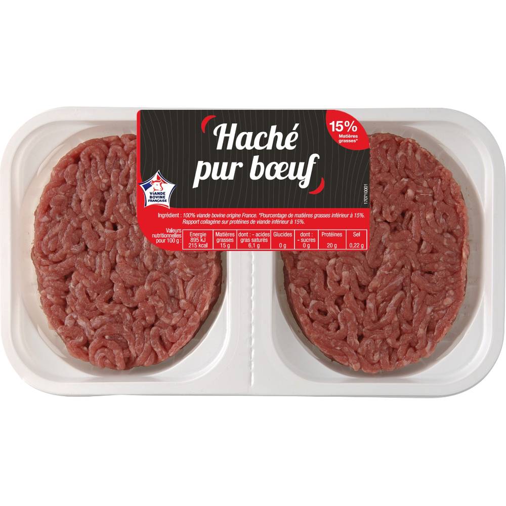 Steak haché, 15% MAT.GR., façon bouchère, France, 2 pièces, barquette,250g