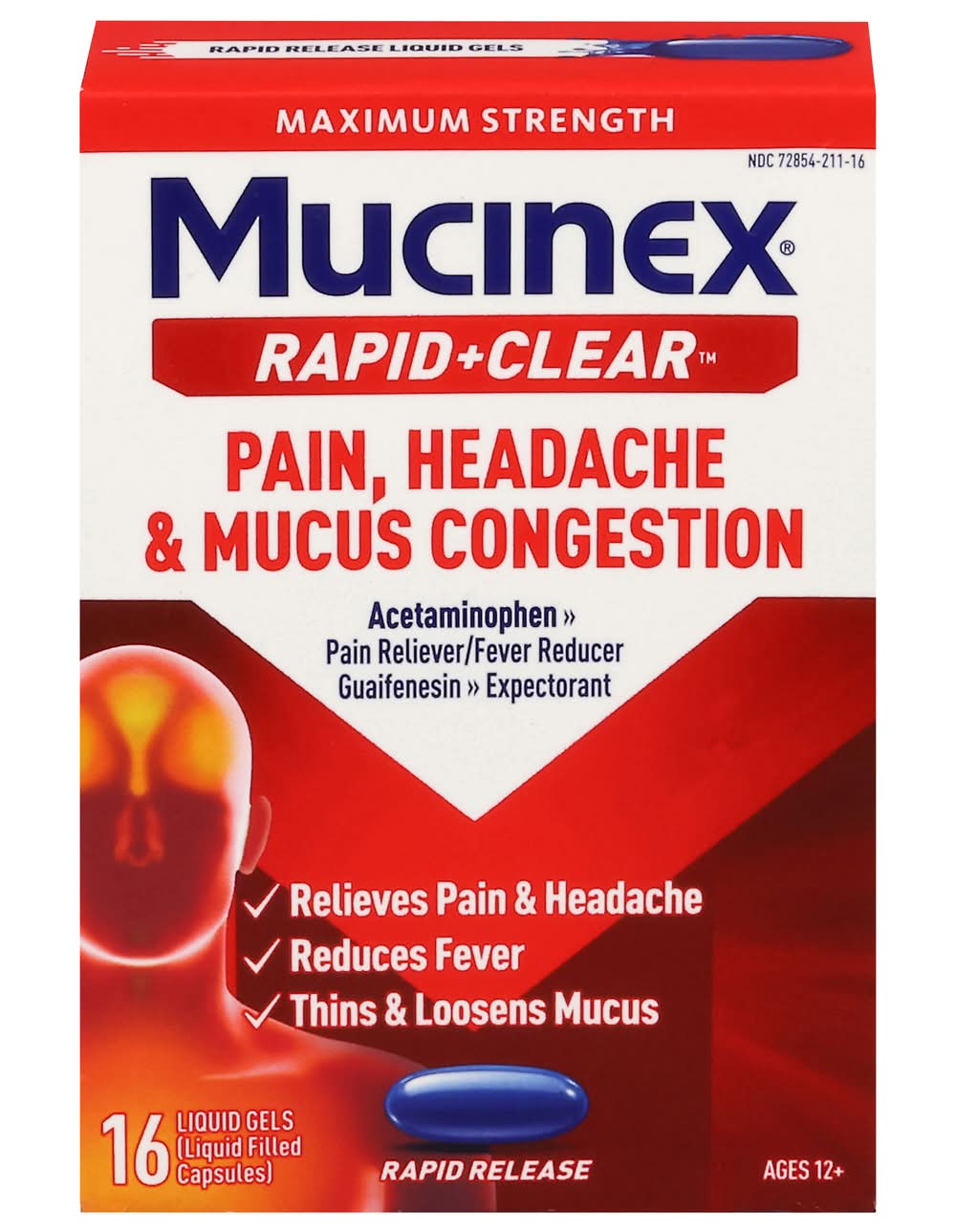Mucinex Rapid + Clear Headache, Congestion & Pain Liquid Gels (16 ct)