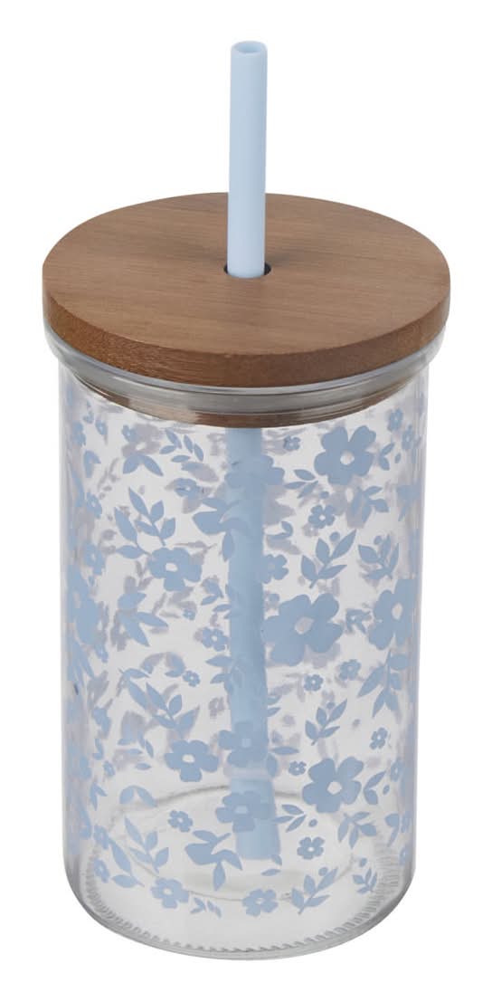 Glass Tumbler With Lid Flower Pattern Assorted