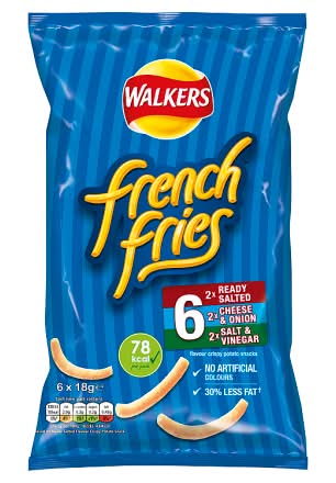 Walkers Ready Salted-Cheese & Onion-Salt & Vinegar, French Fries Crispy Potato Snacks (6 x 18g)