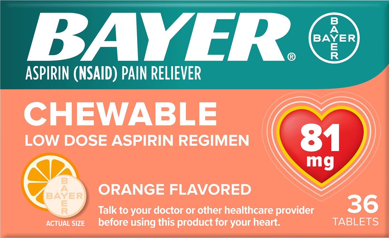 Bayer Chewable Low Dose 81mg Aspirin Tablets, Orange (1.6 oz, 36 ct)
