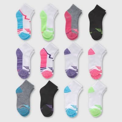 Hanes Girls' Ankle Athletic Socks, S, Assorted (12 ct)