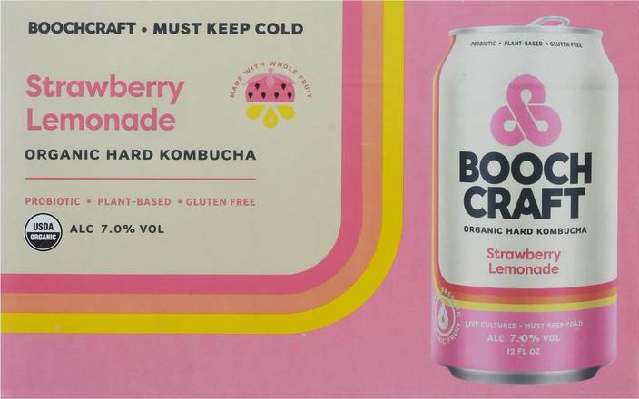 Boochcraft Organic Strawberry Lemonade Hard Kombucha (6 pack, 12.53 oz)
